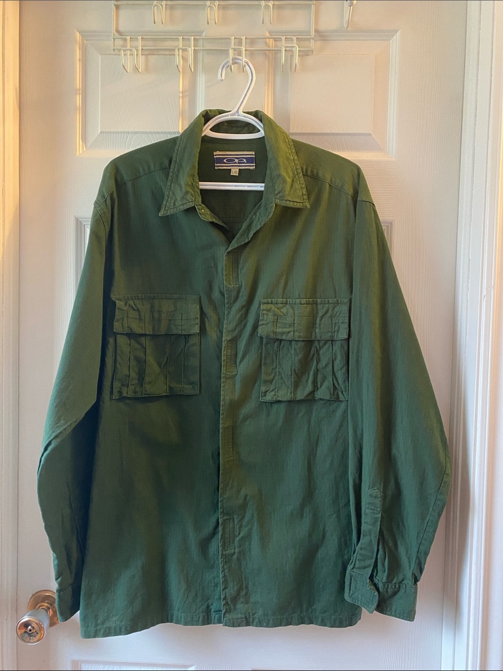 OP Utility Shirt Jacket Olive Green Full Velcro Front Military Style Large